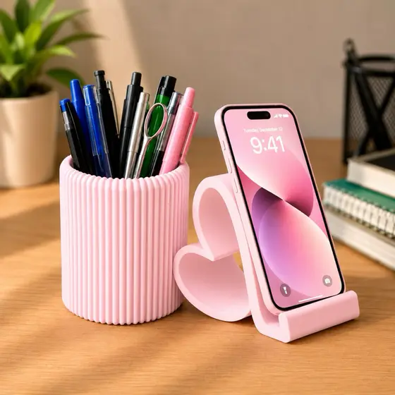 Porta Canetas e Suporte para Celular Coração 2 em 1 Organizador de Mesa Decorativo Porta Celular Escritório Penteadeira