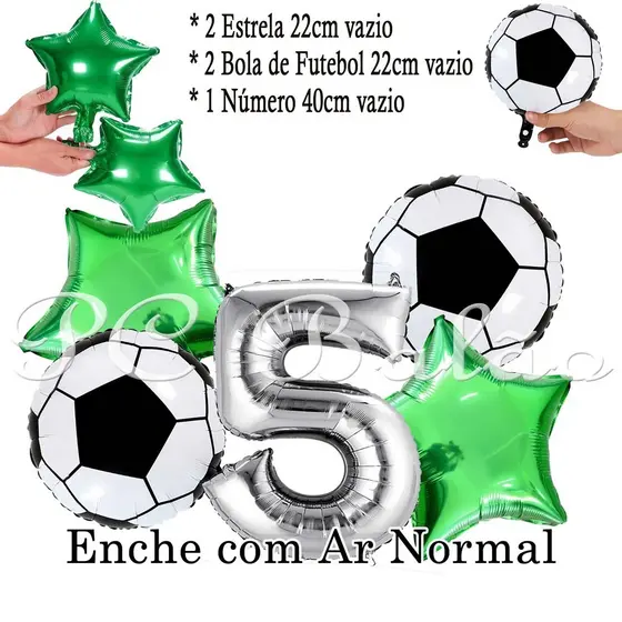 Kit 5 Balão Metalizado 2 Bola de Futebol 22cm + 1 Número 40cm PRATA + 2 Estrela 22cm VERDE Festa