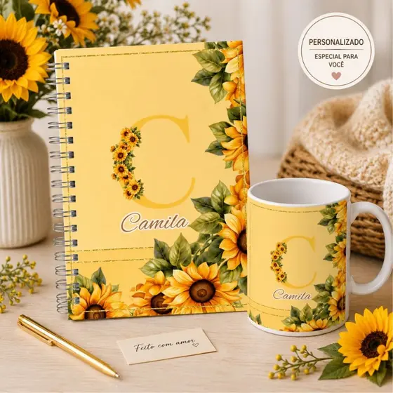 Caderno + Caneca inicial GIRASSOL Capa Dura Tamanho A5 Personalizado 100 Folhas - 200 Página Amarelo