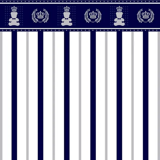 Papel de Parede Adesivo Para Quarto de Menino Azul Branco Cinza Para Meia Parede Com Faixa de Corôa Ursinho Príncipe Decoração Para Metade Da Parede Quarto Infantil - SSBB-079