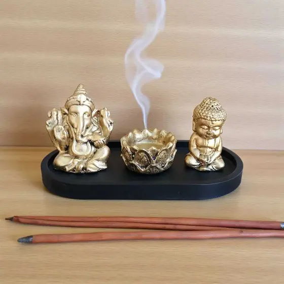 Bandeja Decorativa com Budas da Sabedoria e Incensário