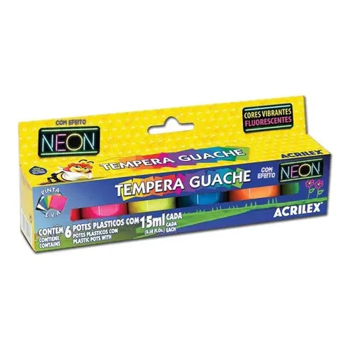 Tinta Tempera Guache Neon 15ml Com 6 Cores Escolar Acrilex