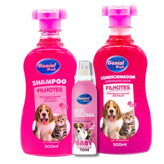 Kit Filhotes Genial Pet - Shampoo + Condicionador + Colônia Cheirinho Baby Cães e Gatos