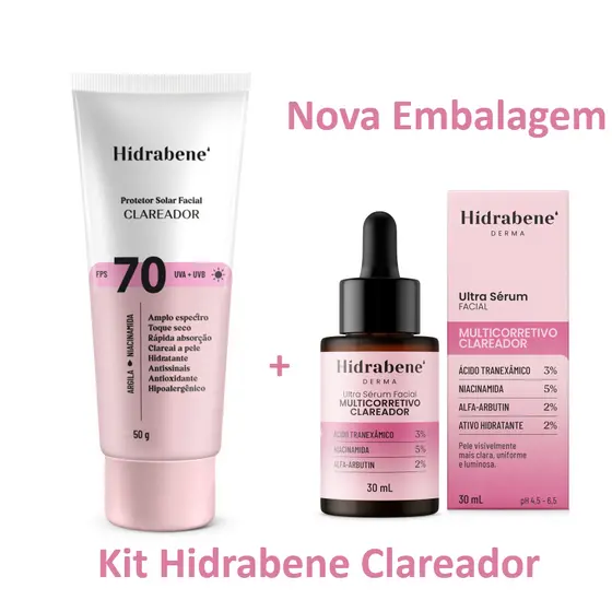 Kit Clareador de Manchas Faciais Hidrabene 1 Protetor Solar Facial 70 Clareador Hidrabene  + 1 Sérum Clareador Hidrabene