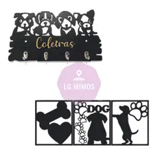 Kit Porta Coleiras Pets + Quadro Trio Cachorro Pendurar Decoração Preto