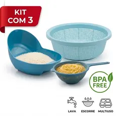 Kit 3 Escorredores Lava Tudo Multiuso Escorredor de Arroz Macarrão Frutas Legumes Peneira BPA Free Resistente