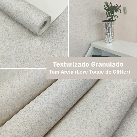 Papel De Parede Vinílico Importado Alto Relevo - Rolo 10m x 53cm + Cola INCLUSA Textura tom Areia com Glitter Suave