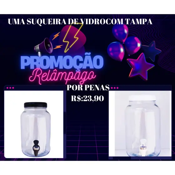 suqueira de vidro com torneira e tampa