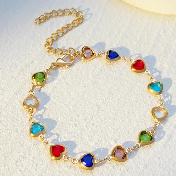 Pedra Preciosa Colorida Moda Feminina Aço Inoxidável Coração Zircão Noivado Comprimento Ajustável Pulseira Jóias Acessór
