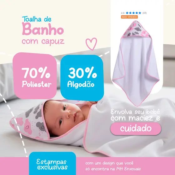 Toalha de Bebê com Capuz 75x75 Algodão Macia Antialérgico para Banho Recém Nascido Quentinha Delicada