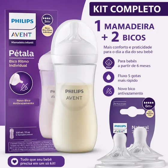 Kit Mamadeira Pétala 330ml + 2 Bicos Nº5 6m+ Avent 3.0