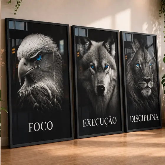 Quadros Decorativos Mdf Águia Lobo Leão Foco Motivação Escritório Moderno