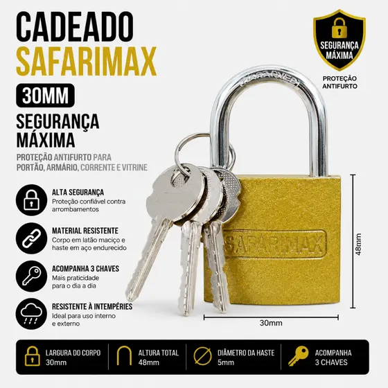 Cadeado Safarimax 30MM Segurança Maxima Proteção Antifurto Para Portão Armario Corrente Vitrine