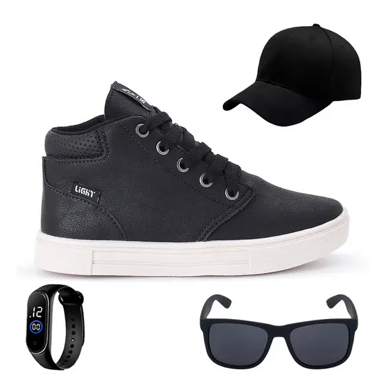 Tenis Botinha Infantil Meninos Casual Cano Alto Confortavel + Bone Oculos Relogio