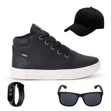 Tenis Botinha Infantil Meninos Casual Cano Alto Confortavel + Bone Oculos Relogio