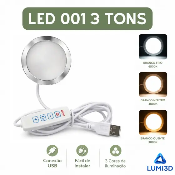 Kit LED 001 3 Tons USB 5V para Impressora 3D Bambu Lab Fácil Instalação DIY 3 Cores