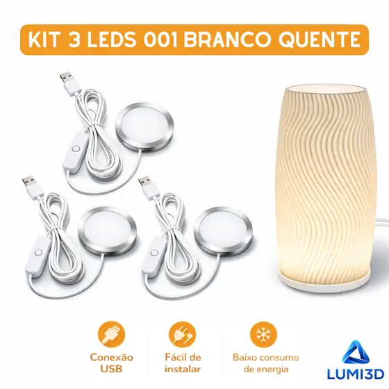 Kit 3x LED 001 Branco Quente USB 5V para Impressora 3D Bambu Lab Projeto DIY