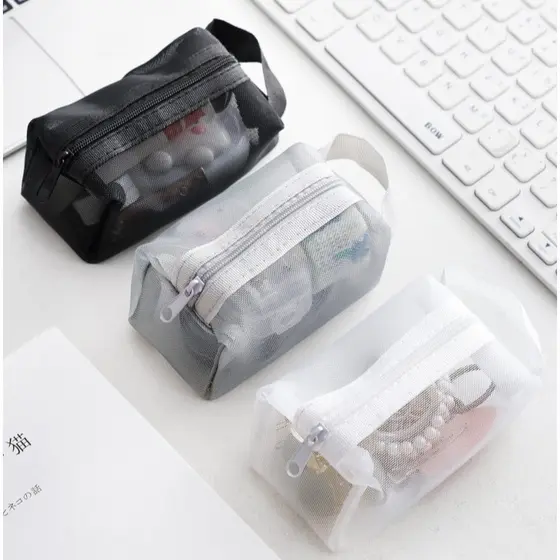 Mini Malha De Náilon Saco De Armazenamento Portátil Moeda Bolsa Fone De Ouvido Cabo Dados Organizador Batom Zíper