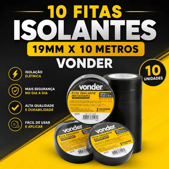 10 Fitas Isolante 19Mmx 10 Metros Preta Vonder Anti Chamas