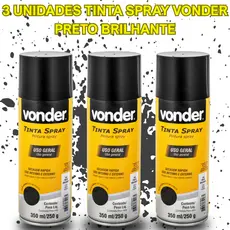 Kit 3 Tintas Spray PRETO BRILHANTE Uso Geral 350ML VONDER