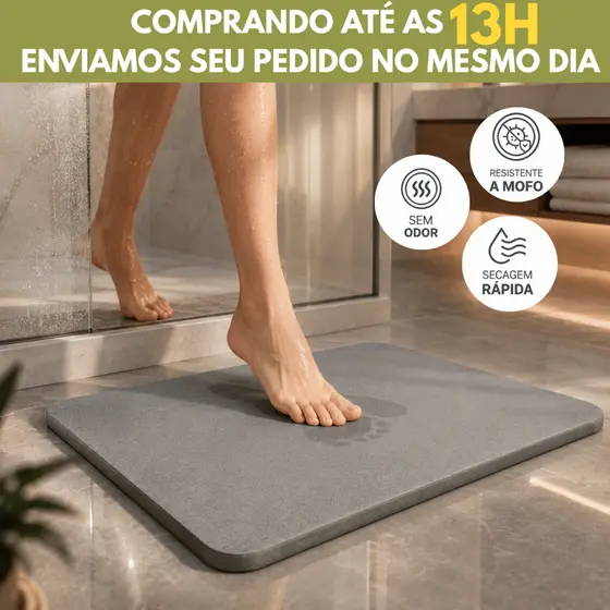 Tapete de Banheiro em Pedra Diatomita Cinza 60cm Antiderrapante Secagem Rápida
