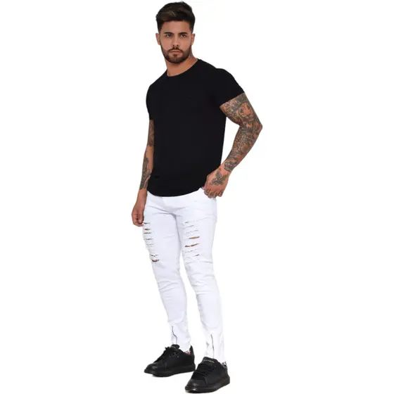 Calça Jeans Masculina Slim Elastano skinny Branco Preto pronta entrega com zíper na barra