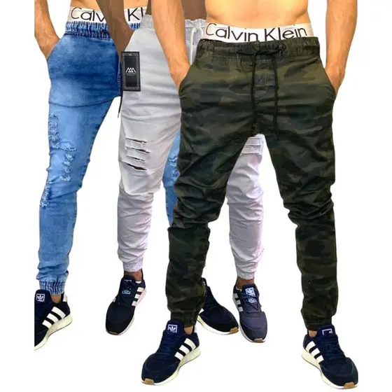 Calças Jeans Sarja Masculina Jogger C/ Punho Lycra KIT COM 3 PEÇAS