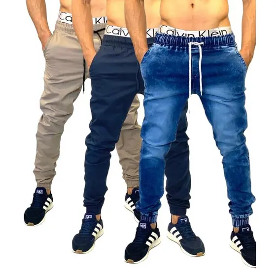 calça jogger masculina Rasgada e Lisa Sarja e Jeans do Preta Branca Bege Clara Escura kit com 3 und