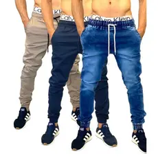 calça jogger masculina Rasgada e Lisa Sarja e Jeans do Preta Branca Bege Clara Escura kit com 3 und