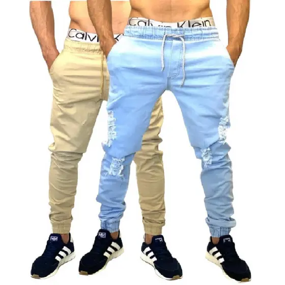 Calça Masculina Sarja Jeans Jogger Rasgada Lisa Kit C 2 Envio Imediato Bege Caqui Jeans Clara Escura