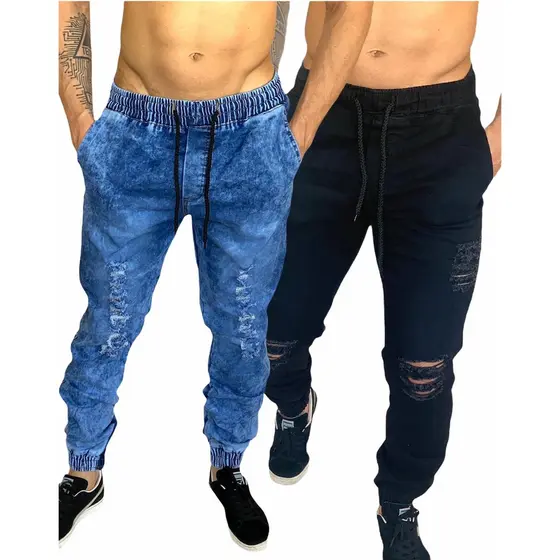 Calça Jeans Jogger Masculina Sarja Elástico E Bolso kit com 2 peças Lisa e Rasgada do Preto