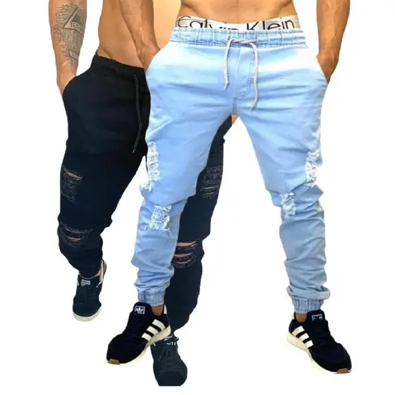 calça jeans preta masculina jogger lisas e rasgadas e Sarja Lisa KIT COM DUAS PEÇAS