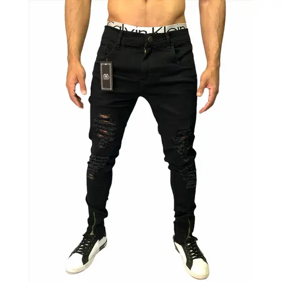 calça jeans masculina preta c skinny ziper na barra laycra azul destroyed slim barata  promoção