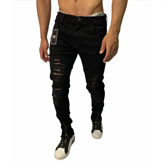 calça masculina jeans preta rasgada com lycra skinny destroyed c ziper na barra drover promoção barata laycra jeans azul