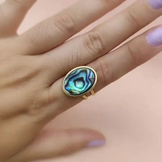 Anel Pedra Natural Oval Aço Inoxidável Banhado a Ouro 18k Regulável