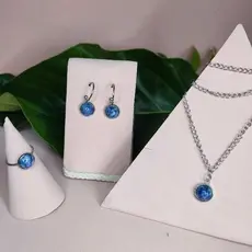 Colar Brincos Anel Aço Inoxidável Antialérgico com Pedra Natural Sodalita Conjunto 3 peças