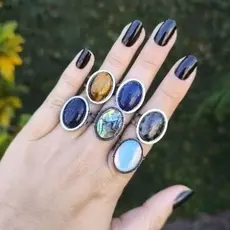 Anel com Pedras Naturais em Aço Inoxidável  Olho de Tigre Ametista Abalone Ágata Aventurine Oval 13x18mm