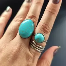 Anel Feminino Pedra Turquesa Oval Grande em Aço Inoxidável Ajustável Estilo Boho Vintage