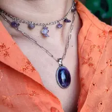 Conjunto Colar Choker Brinco Pedra Ametista Natural Corrente Aço Inoxidável Hipoalergênico