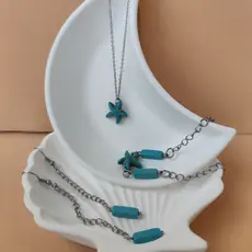 Colar Brinco Pulseira Aço Inoxidável com Turquesa Conjunto 3 peças