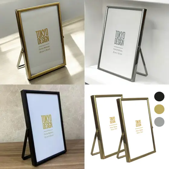 Kit 2 Porta Retratos 10x15 Moldura Metal e Vidro Luxe Decor Flexível
