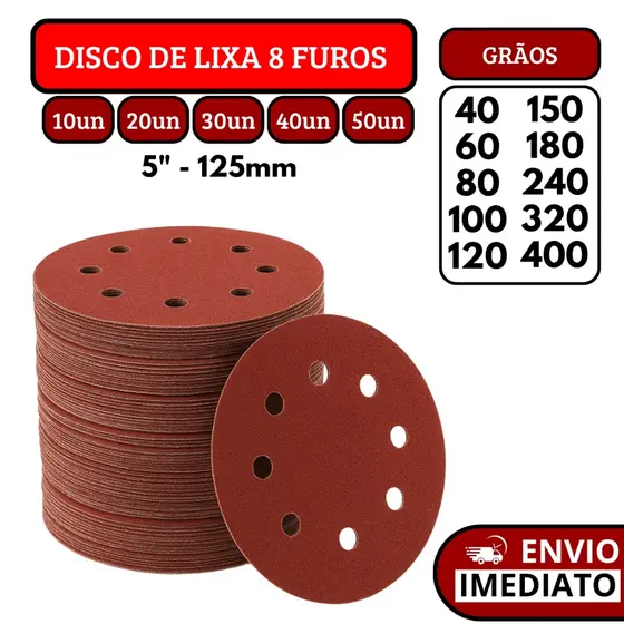 Kit Disco De Lixa Com Velcro Circular 8 Furos Para Lixadeira Madeira Metal Massa Corrida - 5" 125mm