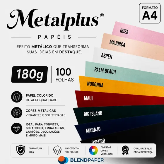 Papel Color Plus Metálico 180g - A4 - varias cores - 100 folhas