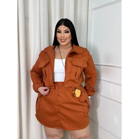 Conjunto Lançamento Feminino Plus Size Saia Cargo e Jaqueta Casaco Confortável Luxxo