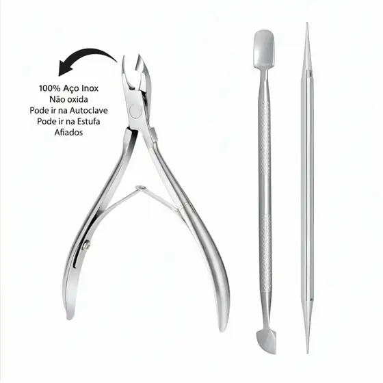 Alicate de cutícula+ espátula+ palito. kit manicure 3 peças