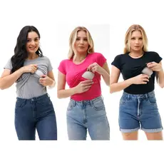 Kit 3 Blusa Manga Curta Amamentação Feminina Camisa Gola Redonda Várias Cores