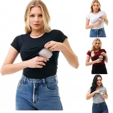 Kit 4 Blusa Amamentação Baby Look  Manga Curta Gola Redonda