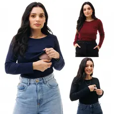 Kit 3 Blusa Amamentação Manga Longa Gola Redonda