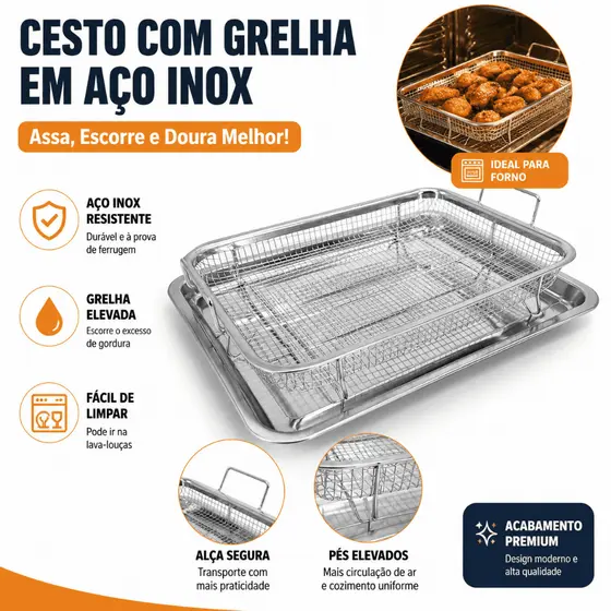 Bandeja com Escorredor de aço inox Retangular Fritura Multiuso 33X24cm Avaliação da loja - Variação: