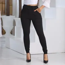 Calça Feminina Crepe Calca Com Cinto Forrado Skinny Cintura Alta Social Bolso